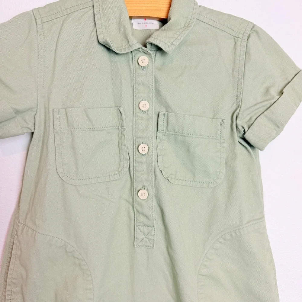 Crewcuts J.Crew Girls Sage Green Cotton Utility Shirt Dress Size 7 Short Sleeve